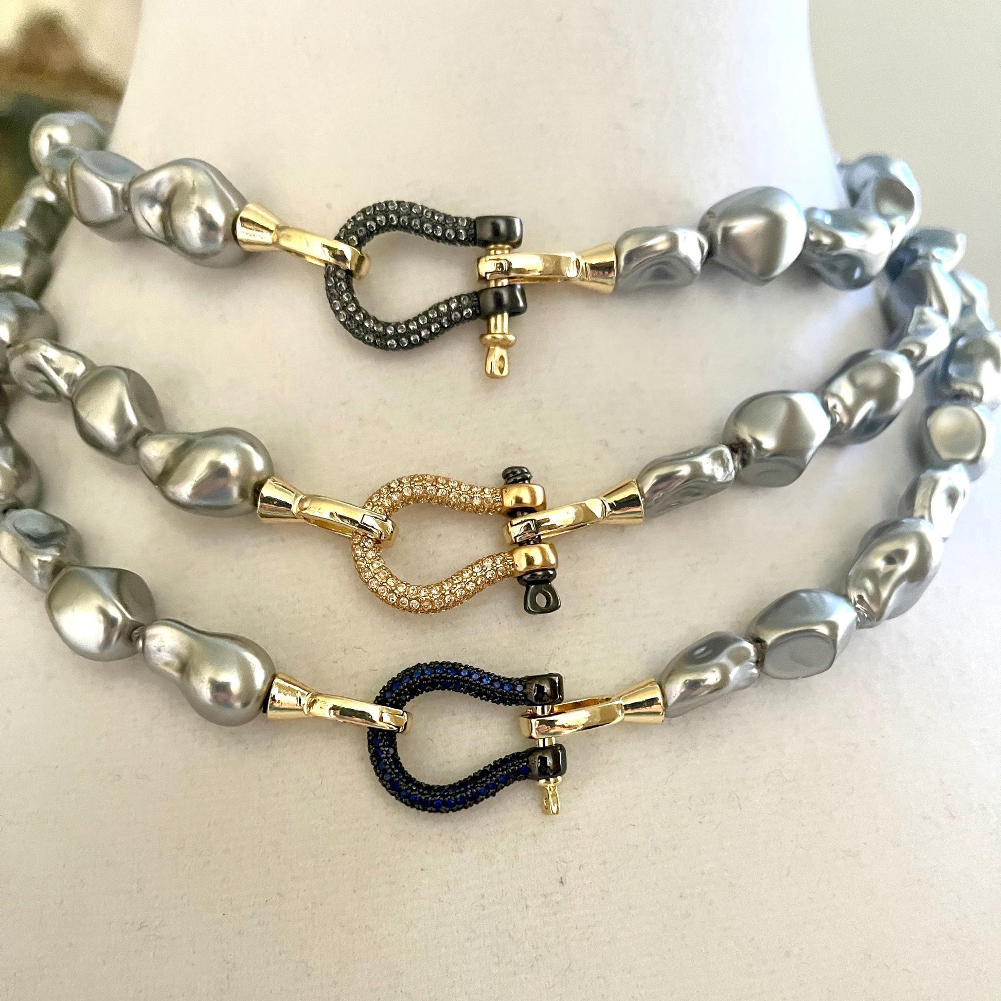 Grey Freshwater Pearl Necklace-Replica Baroque Shape Glass Pearls-Hand Knotted-3 Equestrian Shackle Colors-Fold Over Snap Clasp-Gift For Her