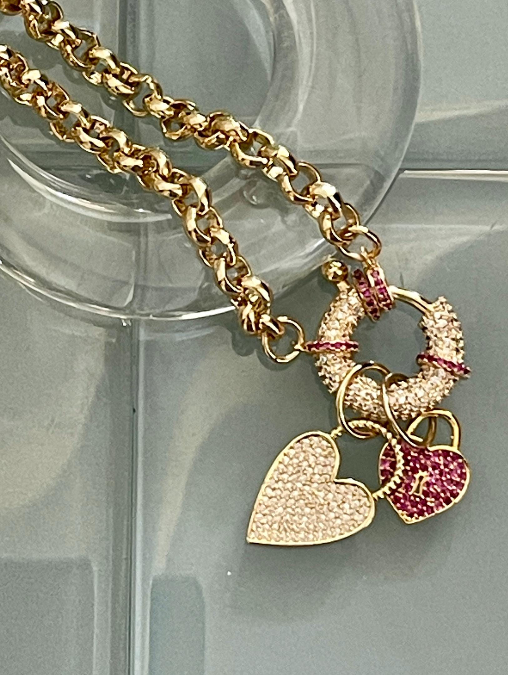 Gold Multiple Charm Necklace-Rolo Chain Necklace-CZ Mariner Clasp-Gold and Ruby CZ Heart Pendants -Gift For Her