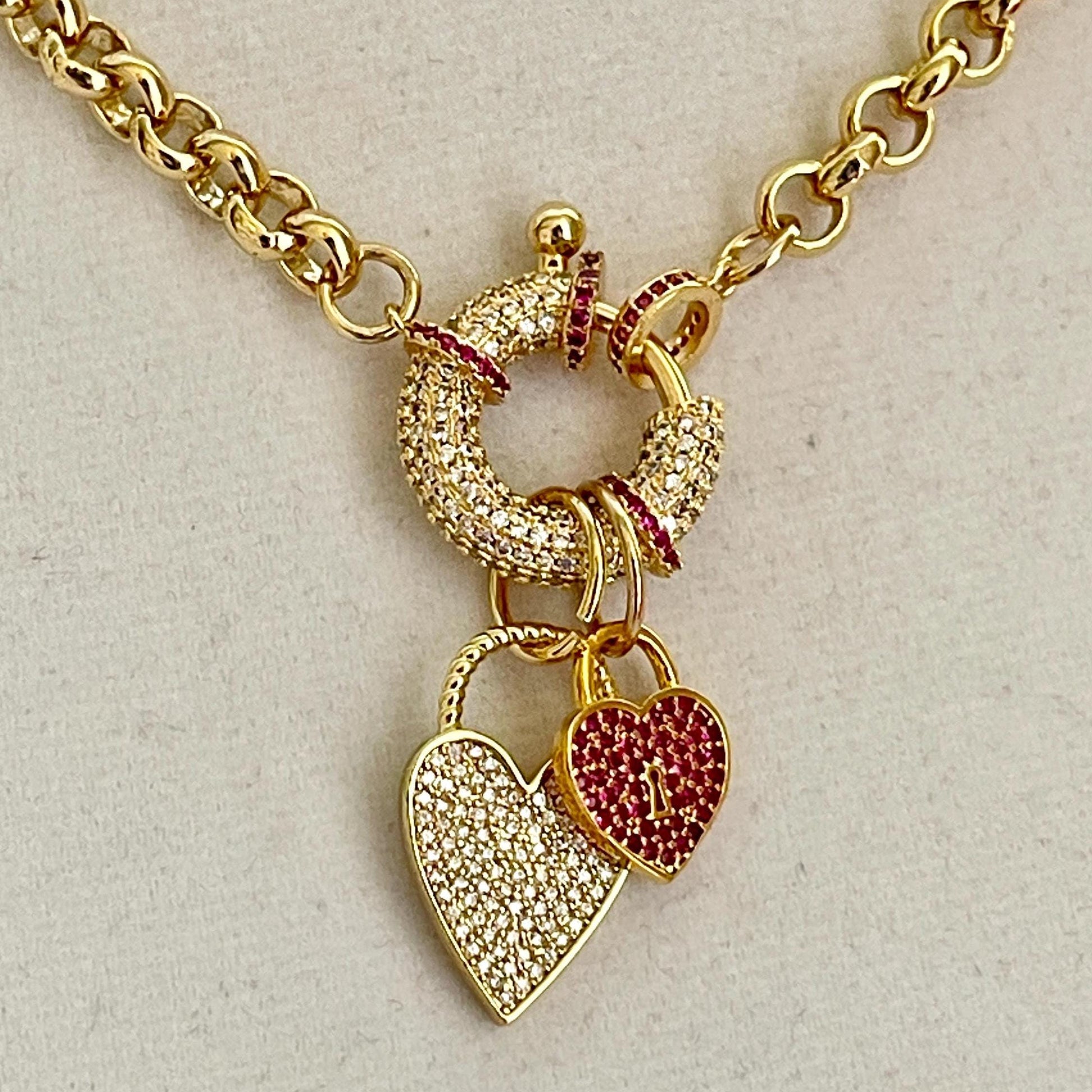 Gold Multiple Charm Necklace-Rolo Chain Necklace-CZ Mariner Clasp-Gold and Ruby CZ Heart Pendants -Gift For Her