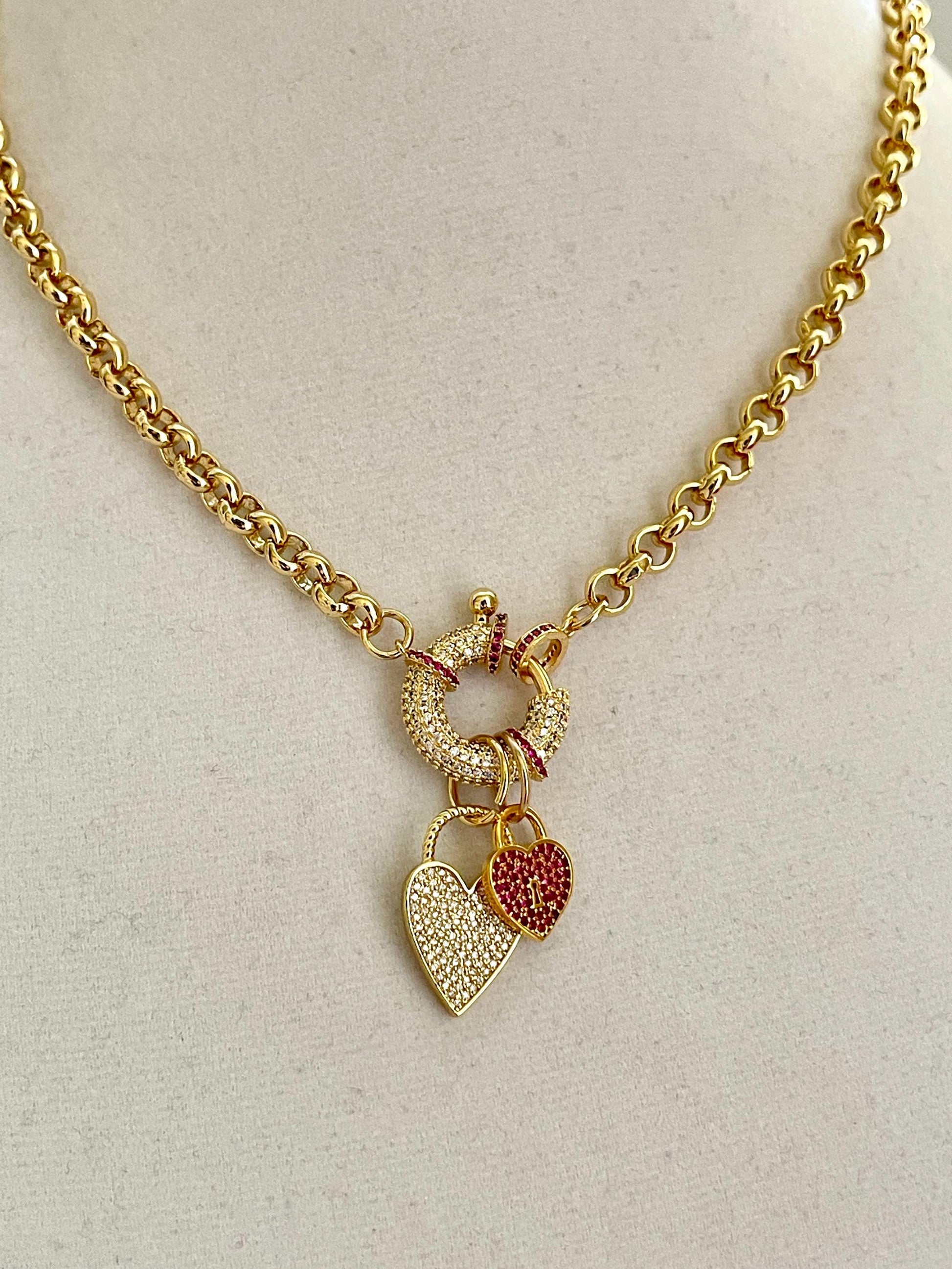 Gold Multiple Charm Necklace-Rolo Chain Necklace-CZ Mariner Clasp-Gold and Ruby CZ Heart Pendants -Gift For Her