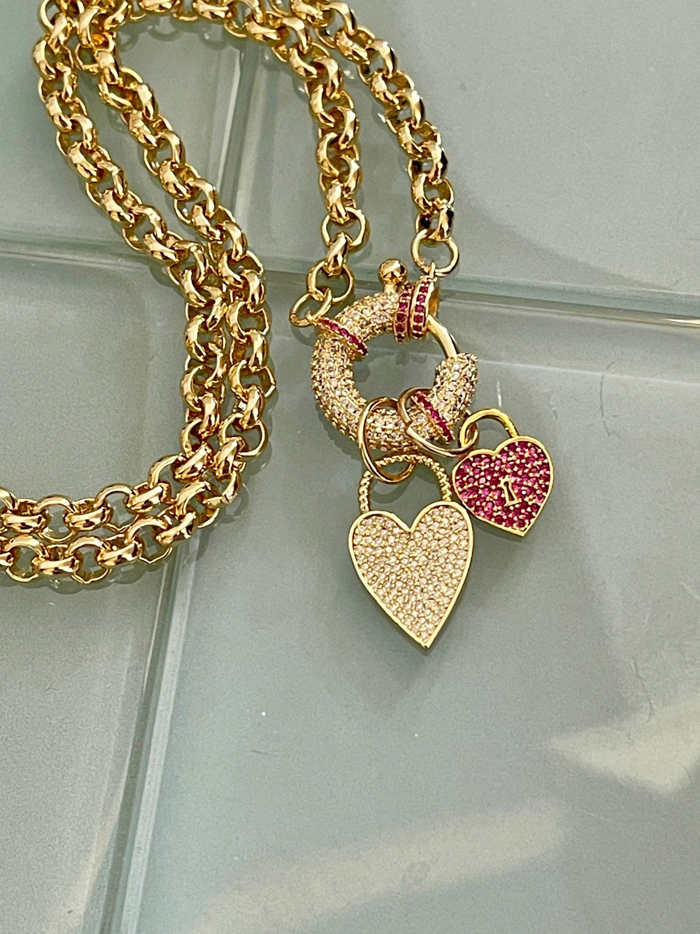 Gold Multiple Charm Necklace-Rolo Chain Necklace-CZ Mariner Clasp-Gold and Ruby CZ Heart Pendants -Gift For Her