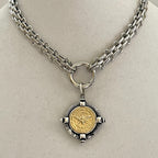 Silver Chunky Chain Necklace, French Bee Coin Pendant, Art Deco Style