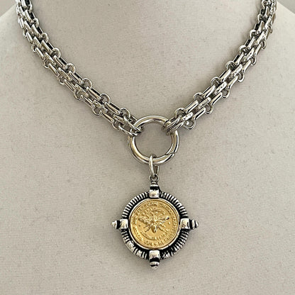 Silver Chunky Multilink Chain Necklace-French Bee Replica Coin, Coin with Bezel, Art Deco Coin- Silver Textured Chain Necklace-Spring Clasp