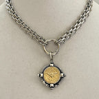 Silver Chunky Chain Necklace, French Bee Coin Pendant, Art Deco Style