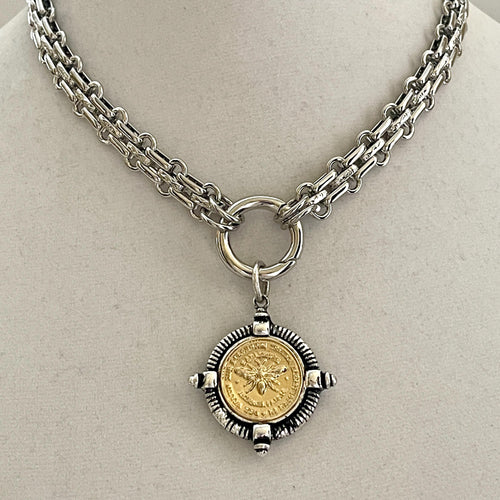 Silver Chunky Chain Necklace, French Bee Coin Pendant, Art Deco Style