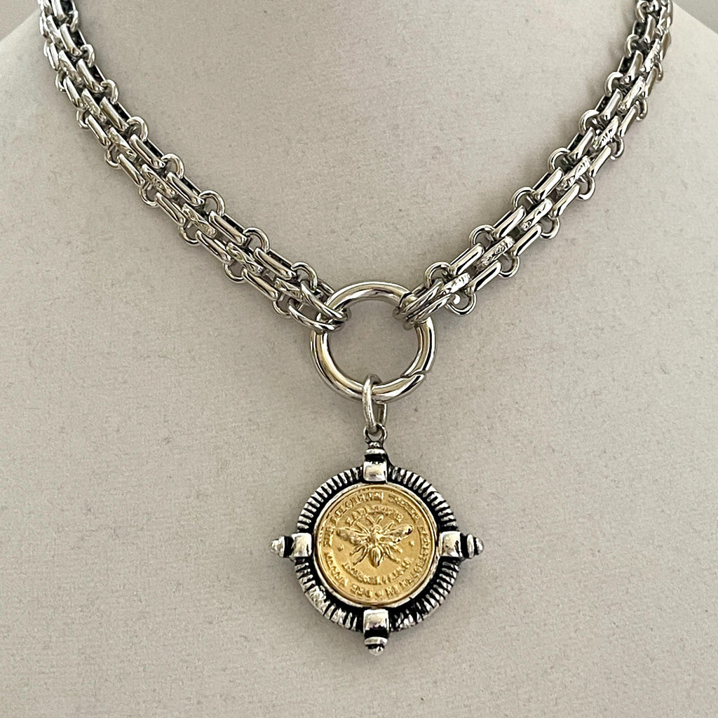 Silver Chunky Chain Necklace, French Bee Coin Pendant, Art Deco Style