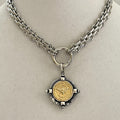 Silver Chunky Chain Necklace, French Bee Coin Pendant, Art Deco Style