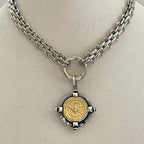 Chunky Silver Chain Necklace, French Bee Coin Pendant, Art Deco Style