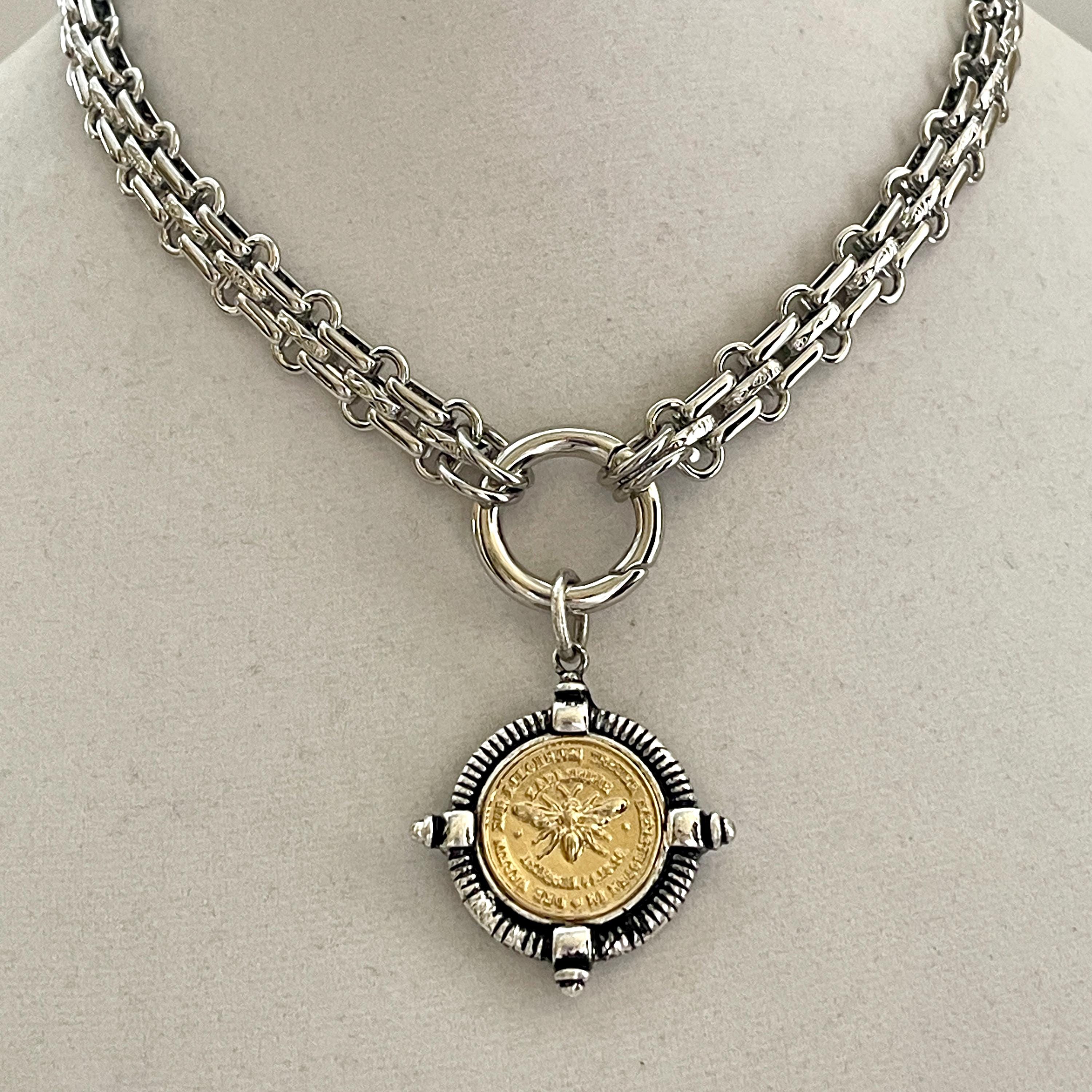 Chunky Silver Chain Necklace, French Bee Coin Pendant, Art Deco Style
