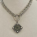 Chunky Silver Chain Necklace, French Bee Coin Pendant, Art Deco Style