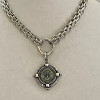 Silver Chunky Chain Necklace, French Bee Coin Pendant, Art Deco Style