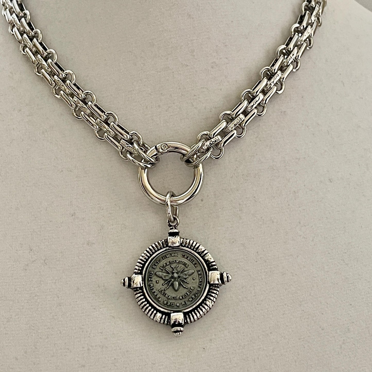 Silver Chunky Multilink Chain Necklace-French Bee Replica Coin, Choice Of Two Coin Pendants, Art Deco Coin -Spring Clasp-Gift For Her