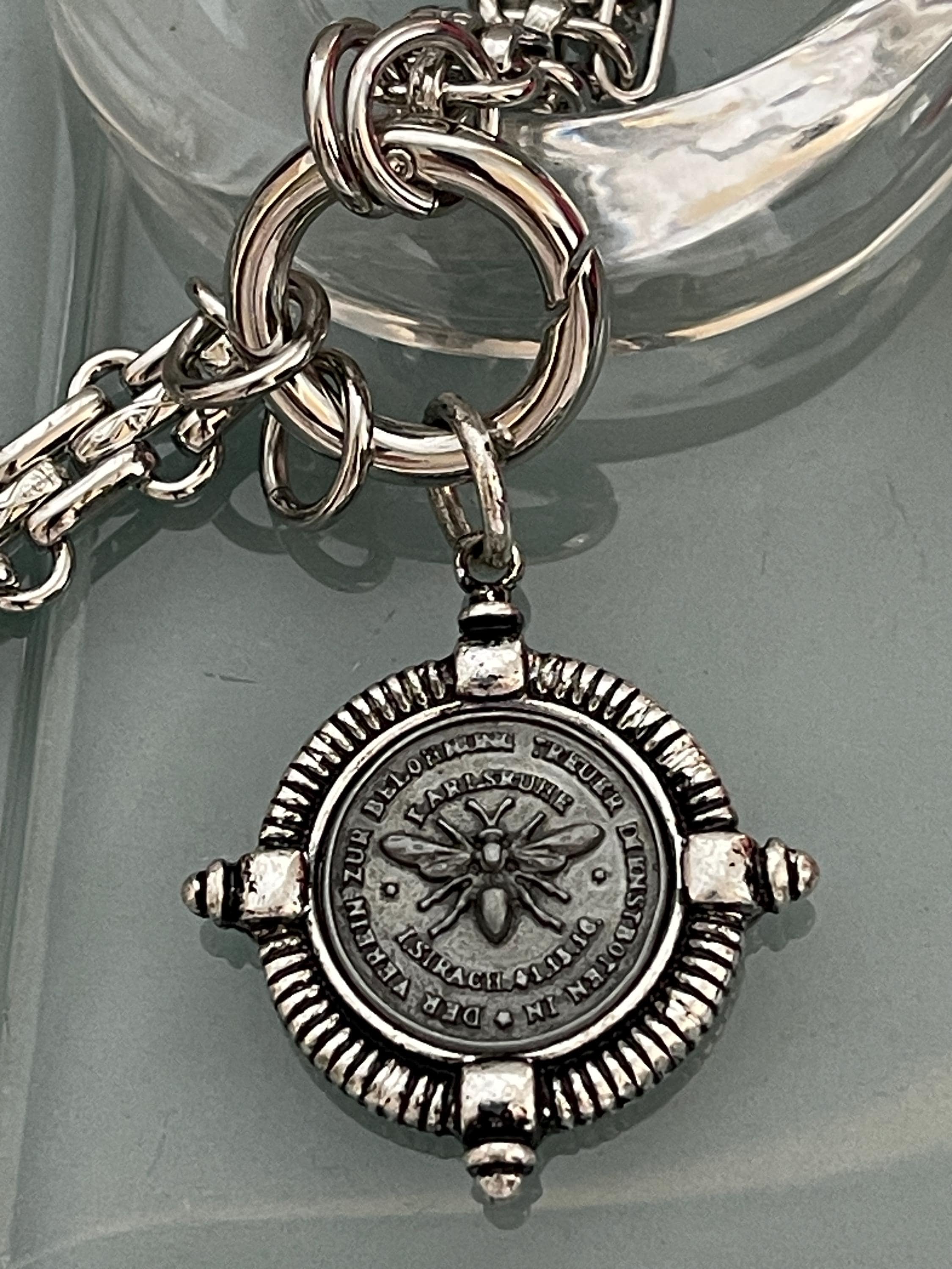 Silver Chunky Chain Necklace, French Bee Coin Pendant, Art Deco Style