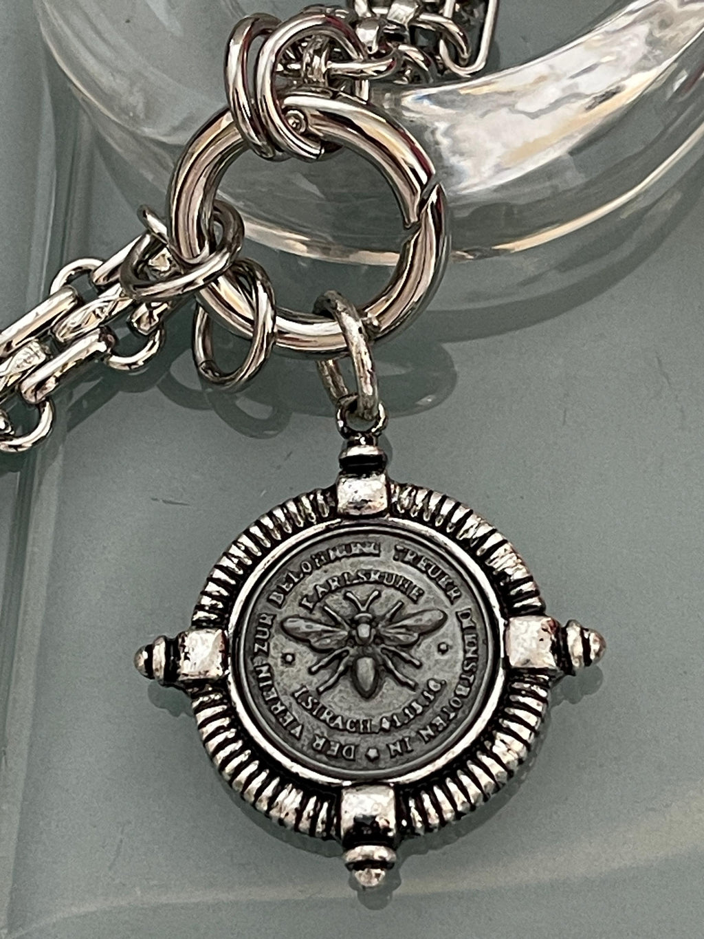 Silver Chunky Chain Necklace, French Bee Coin Pendant, Art Deco Style