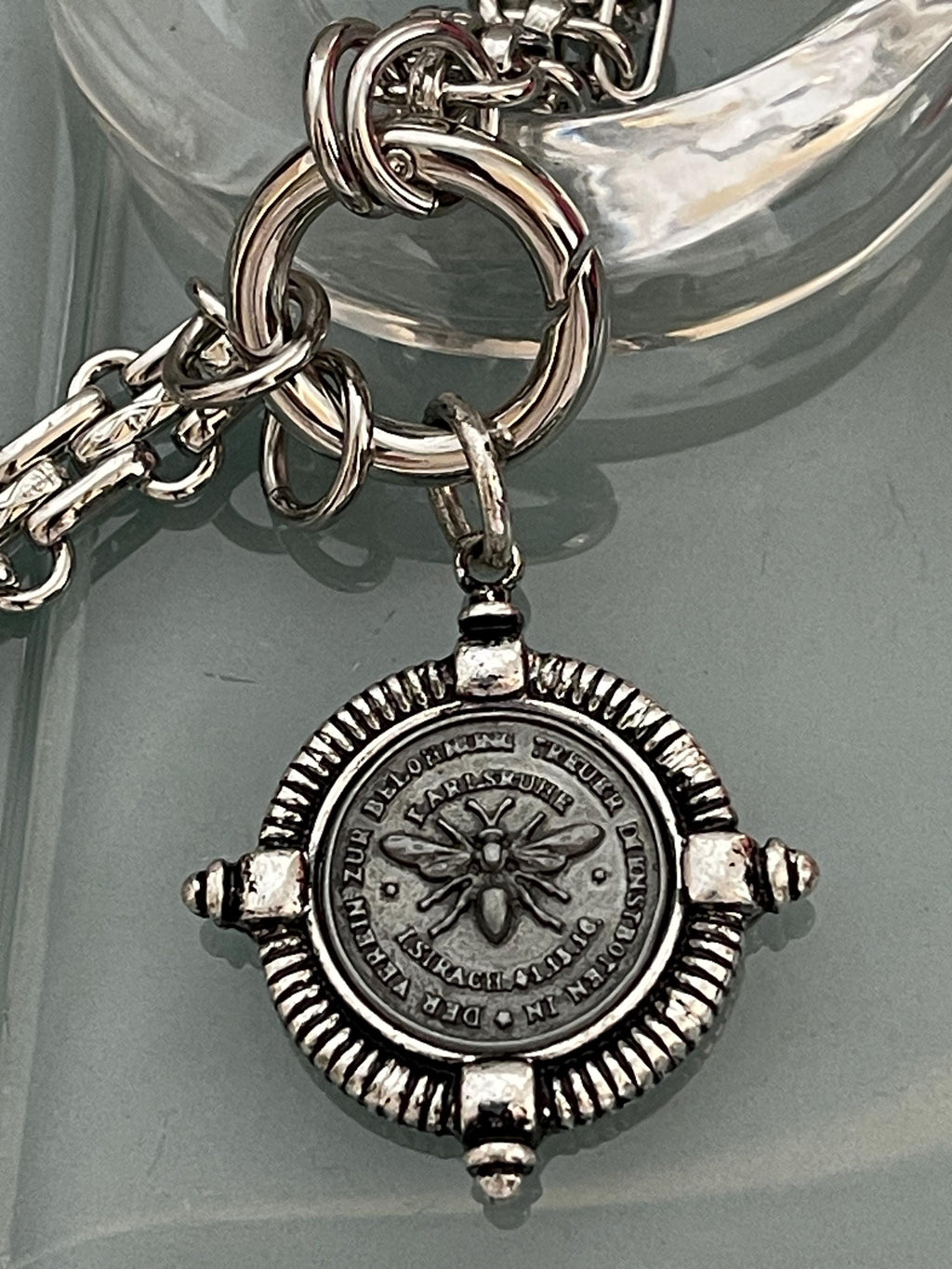 Chunky Silver Chain Necklace, French Bee Coin Pendant, Art Deco Style