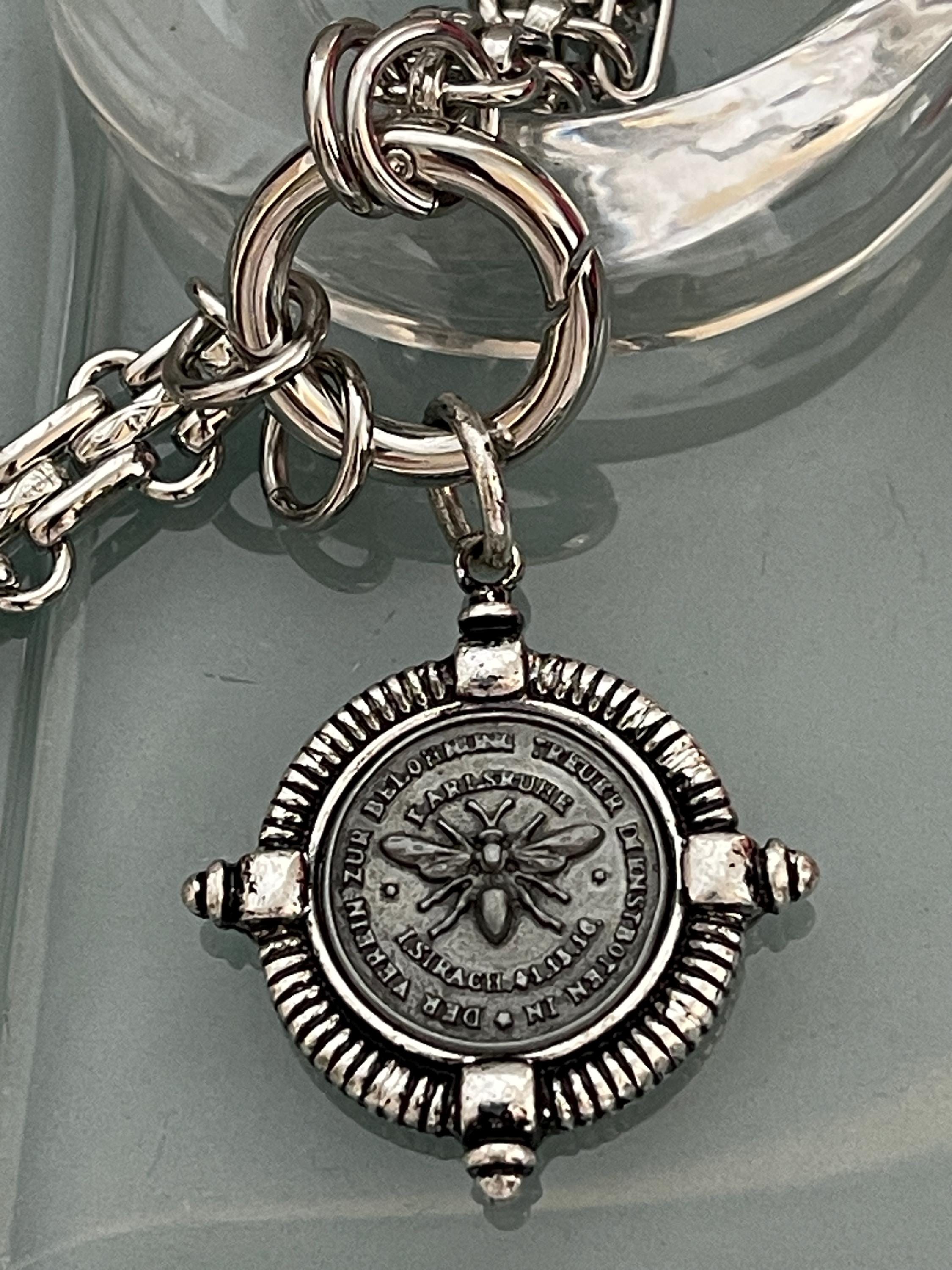 Chunky Silver Chain Necklace, French Bee Coin Pendant, Art Deco Style