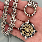 Chunky Silver Chain Necklace, French Bee Coin Pendant, Art Deco Style