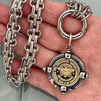 Silver Chunky Chain Necklace, French Bee Coin Pendant, Art Deco Style