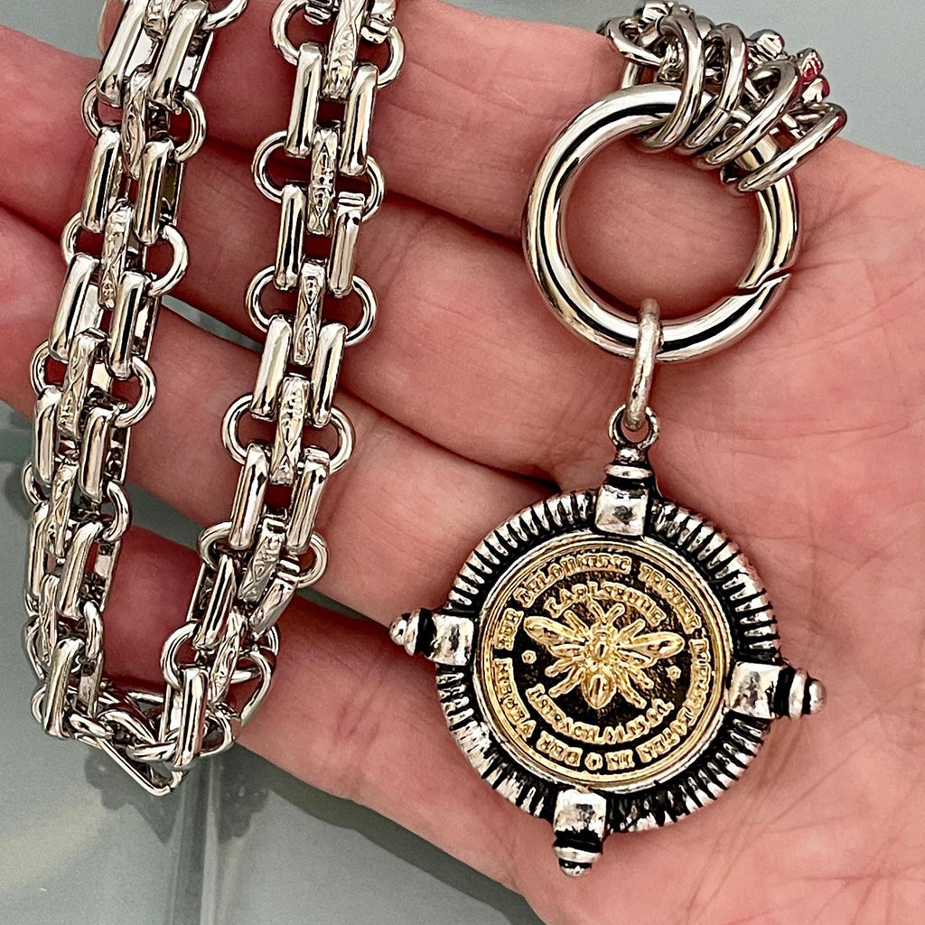Chunky Silver Chain Necklace, French Bee Coin Pendant, Art Deco Style