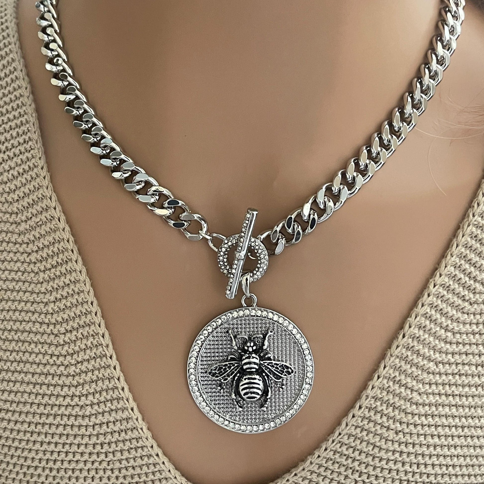 Chunky Silver Cuban Link Necklace-Bumble Bee Pendant-CZ Bezel Pendant-CZ Toggle Clasp-Gift For Her-Statement Jewelry