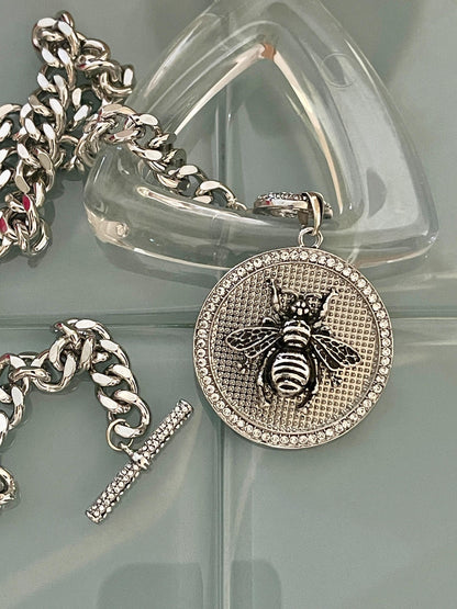 Chunky Silver Cuban Link Necklace-Bumble Bee Pendant-CZ Bezel Pendant-CZ Toggle Clasp-Gift For Her-Statement Jewelry