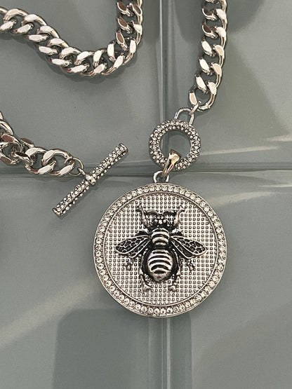 Chunky Silver Cuban Link Necklace-Bumble Bee Pendant-CZ Bezel Pendant-CZ Toggle Clasp-Gift For Her-Statement Jewelry