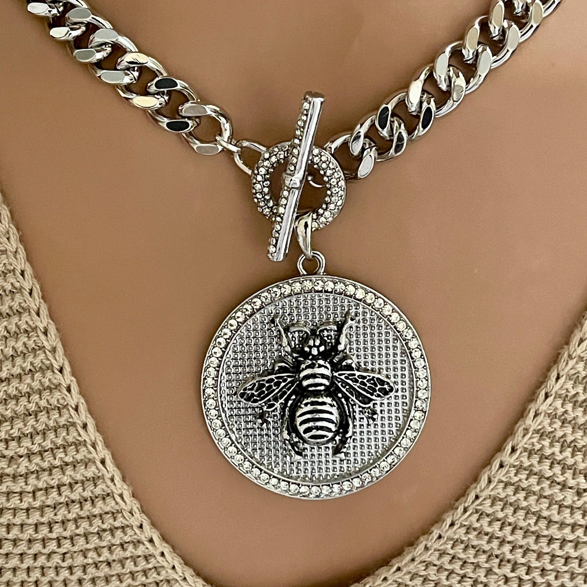 Chunky Silver Cuban Link Necklace-Bumble Bee Pendant-CZ Bezel Pendant-CZ Toggle Clasp-Gift For Her-Statement Jewelry