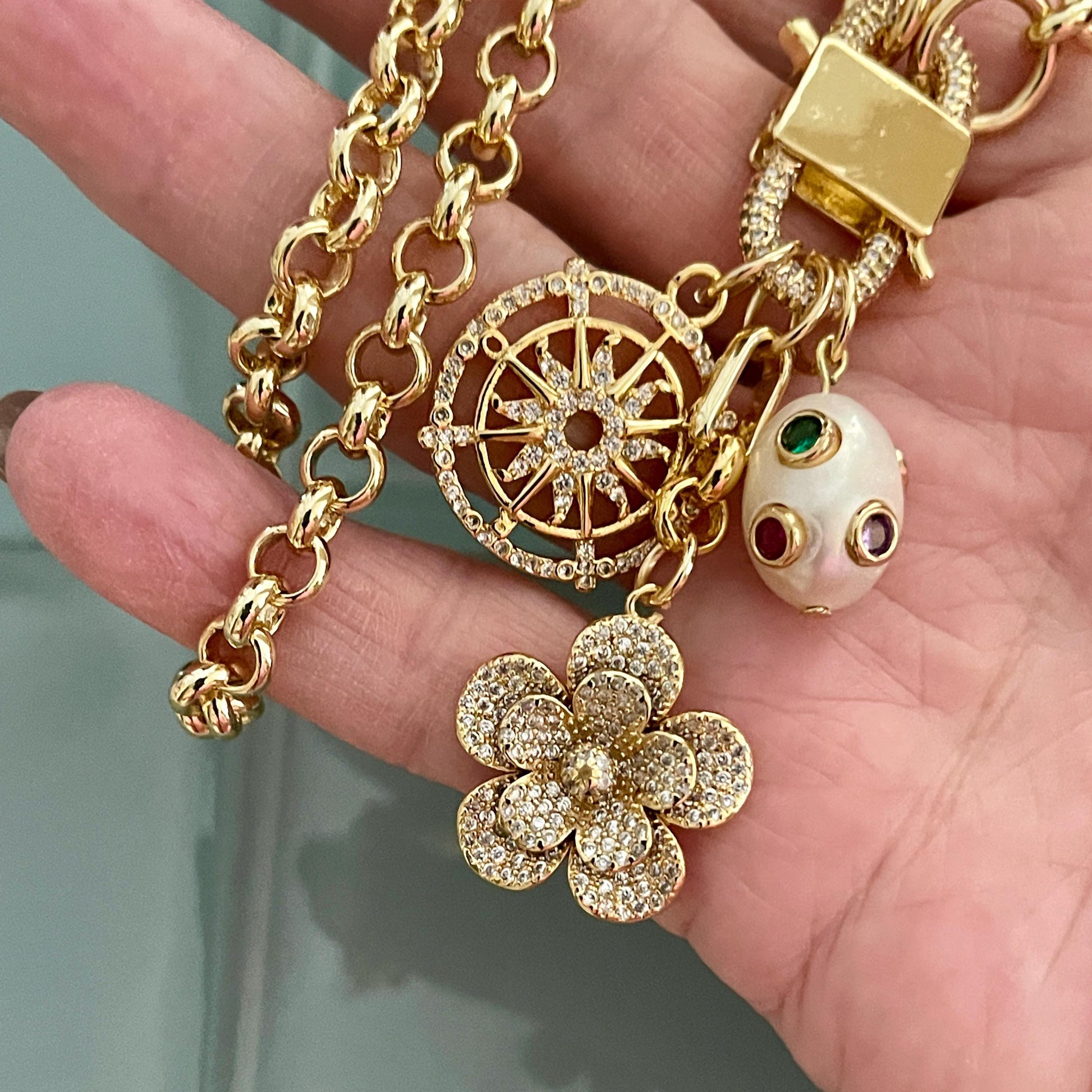 Gold Multi Charm Necklace-Gold Micro Pave Charms-Flower Pendant- Heart Charm-CZ Pearl Pendant-CZ Wheel Charm-Rolo Chain-CZ Carabiner Clasp