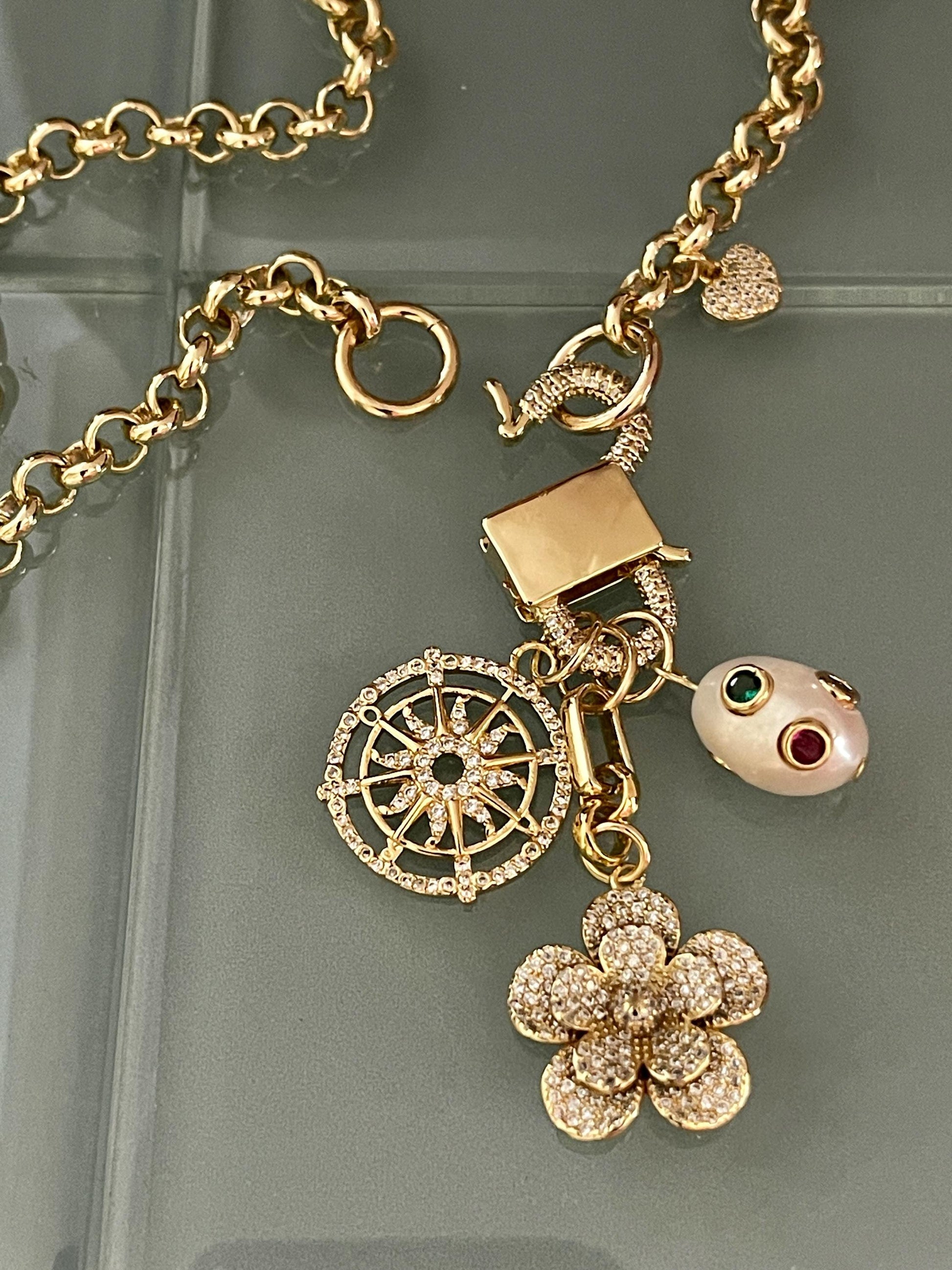 Gold Multi Charm Necklace-Gold Micro Pave Charms-Flower Pendant- Heart Charm-CZ Pearl Pendant-CZ Wheel Charm-Rolo Chain-CZ Carabiner Clasp