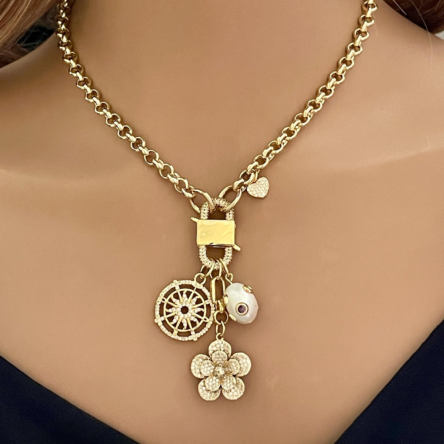 Gold Multi Charm Necklace-Gold Micro Pave Charms-Flower Pendant- Heart Charm-CZ Pearl Pendant-CZ Wheel Charm-Rolo Chain-CZ Carabiner Clasp