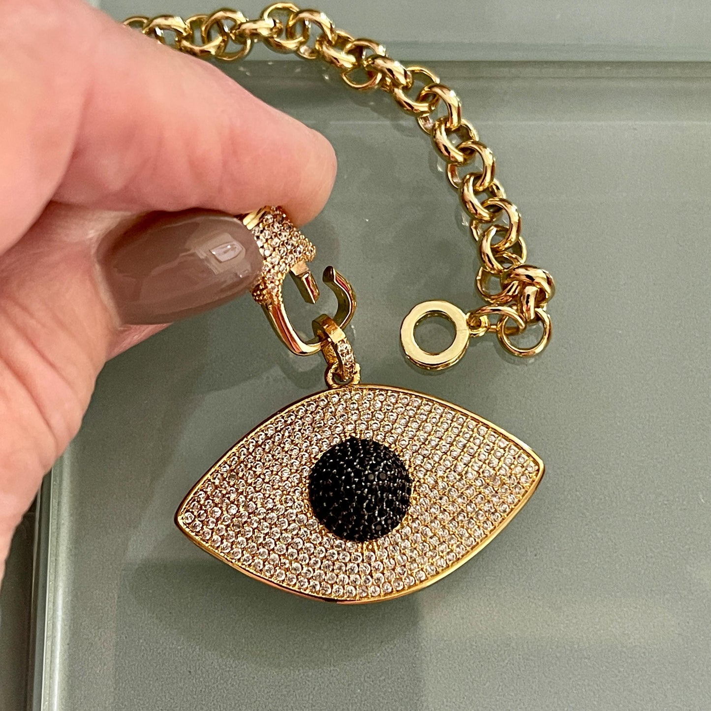 Gold CZ Evil Eye Pendant Necklace-Rolo Chain-Designer CZ Lobster Clasp-Unique Necklace-Gift For Her