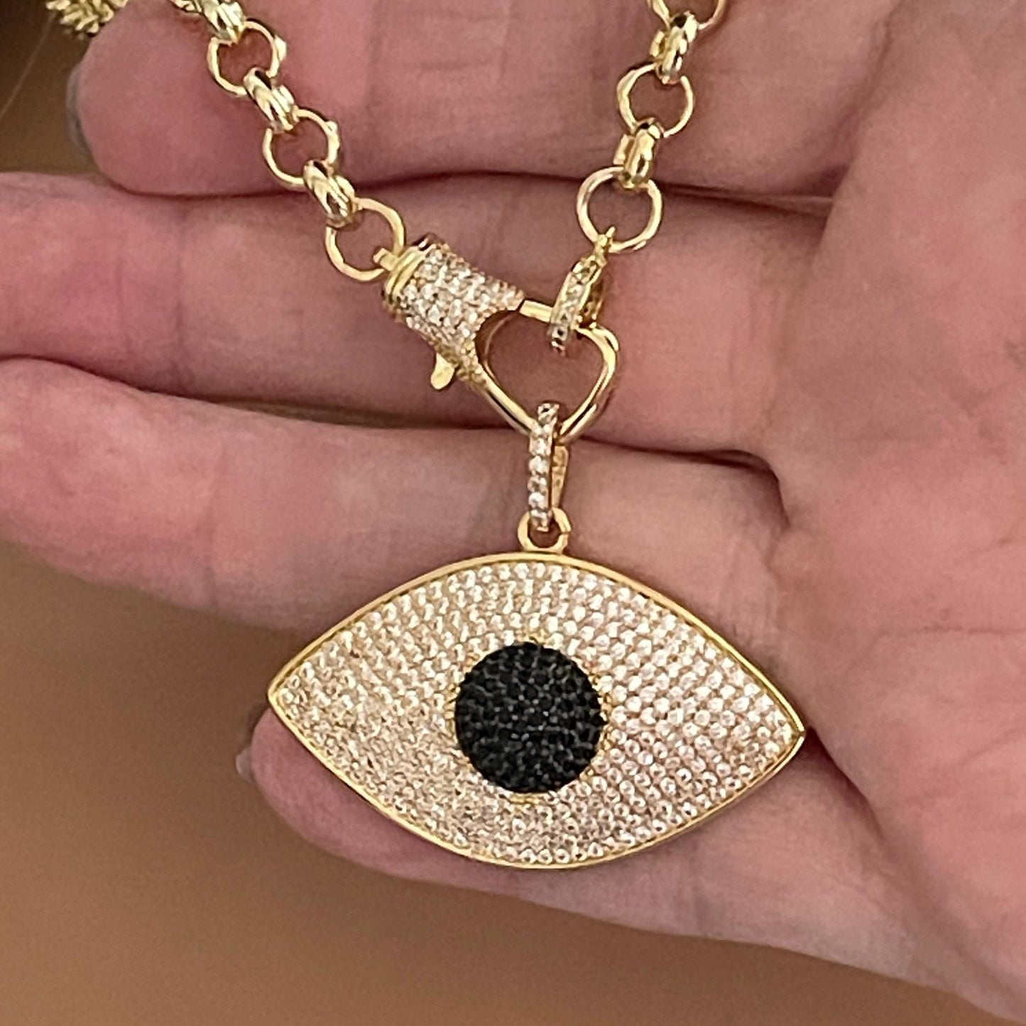 Gold CZ Evil Eye Pendant Necklace-Rolo Chain-Designer CZ Lobster Clasp-Unique Necklace-Gift For Her