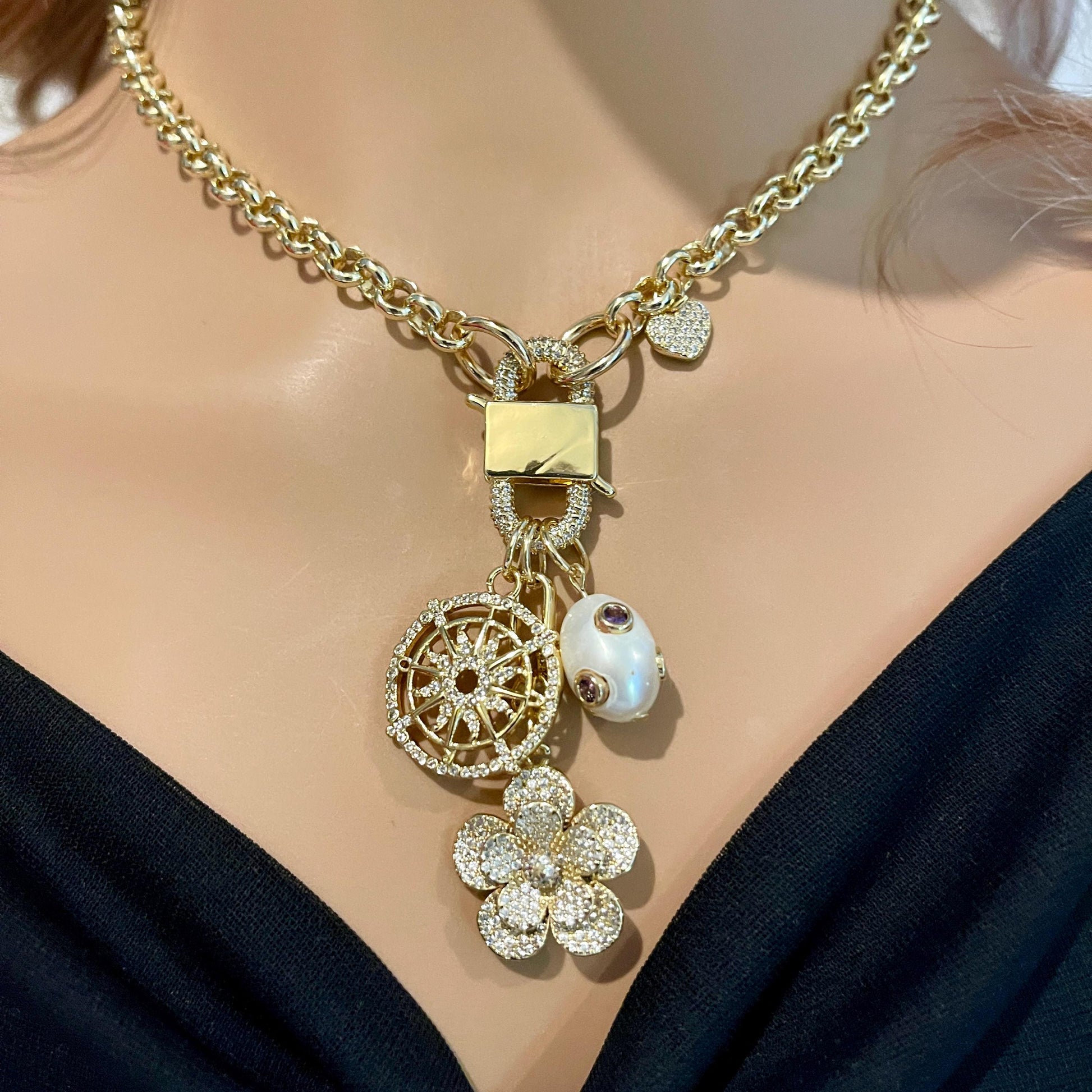 Gold Multi Charm Necklace-Gold Micro Pave Charms-Flower Pendant- Heart Charm-CZ Pearl Pendant-CZ Wheel Charm-Rolo Chain-CZ Carabiner Clasp