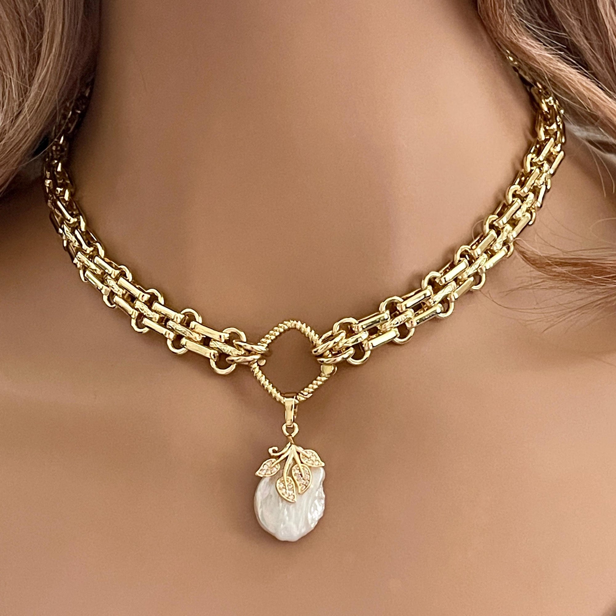 Gold Chunky Multilink Chain Necklace-Flower CZ Replica Pearl Pendant-Baroque Pearl Pendant-Rope Design Spring Clasp-Gift For her