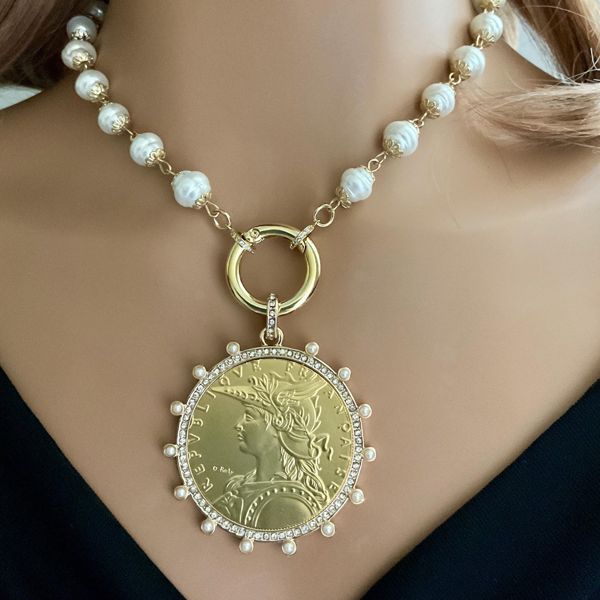 Gold Vintage Coin Necklace-Porcelain Pearl Chain Necklace-Reproduction Coin Pendant-Pearl and Cubic Zirconia Bezel Coin-Spring Lock Clasp