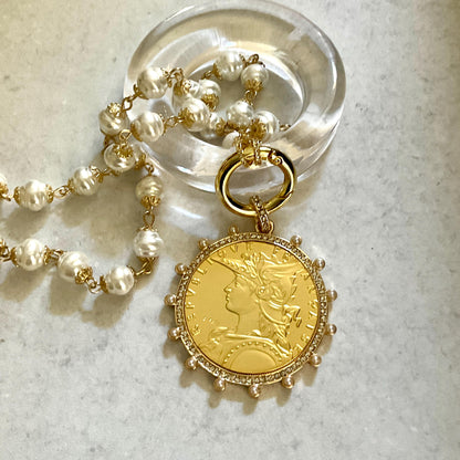 Gold Vintage Coin Necklace-Porcelain Pearl Chain Necklace-Reproduction Coin Pendant-Pearl and Cubic Zirconia Bezel Coin-Spring Lock Clasp