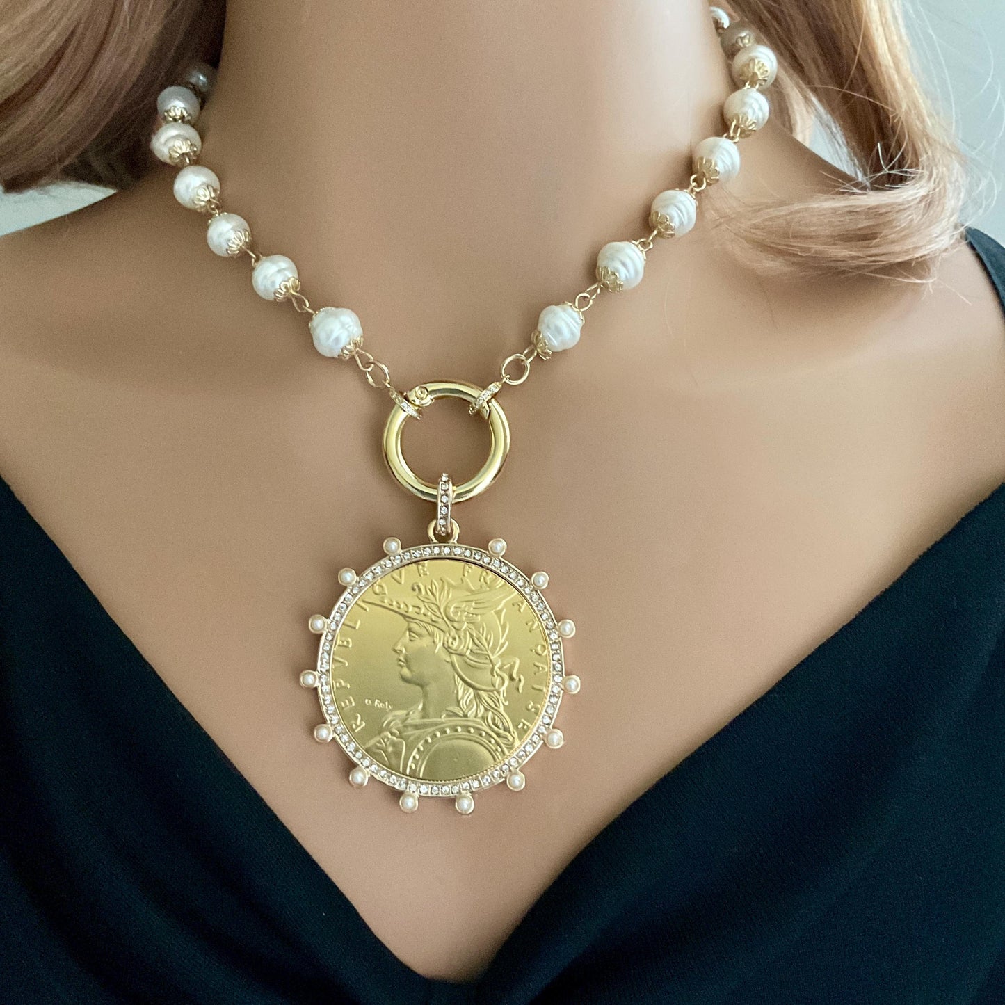 Gold Vintage Coin Necklace-Porcelain Pearl Chain Necklace-Reproduction Coin Pendant-Pearl and Cubic Zirconia Bezel Coin-Spring Lock Clasp