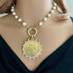 GoReproduction Coin Necklace-Porcelain Pearl Chain Necklace- Coin Pendant-Pearl and Cubic Zirconia Bezel Coin-Spring Lock Clasp