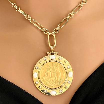 Gold Coin Necklace-Gold Multi-Link Chain-Three Graces Gold Coin Pendant- CZ And Mother Of Pearl Coin Bezel-Greek Mythology Coin