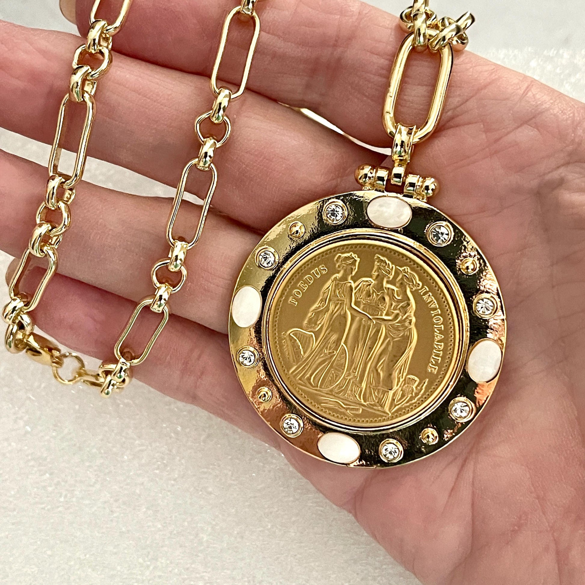 Gold Coin Necklace-Gold Multi-Link Chain-Three Graces Gold Coin Pendant- CZ And Mother Of Pearl Coin Bezel-Greek Mythology Coin