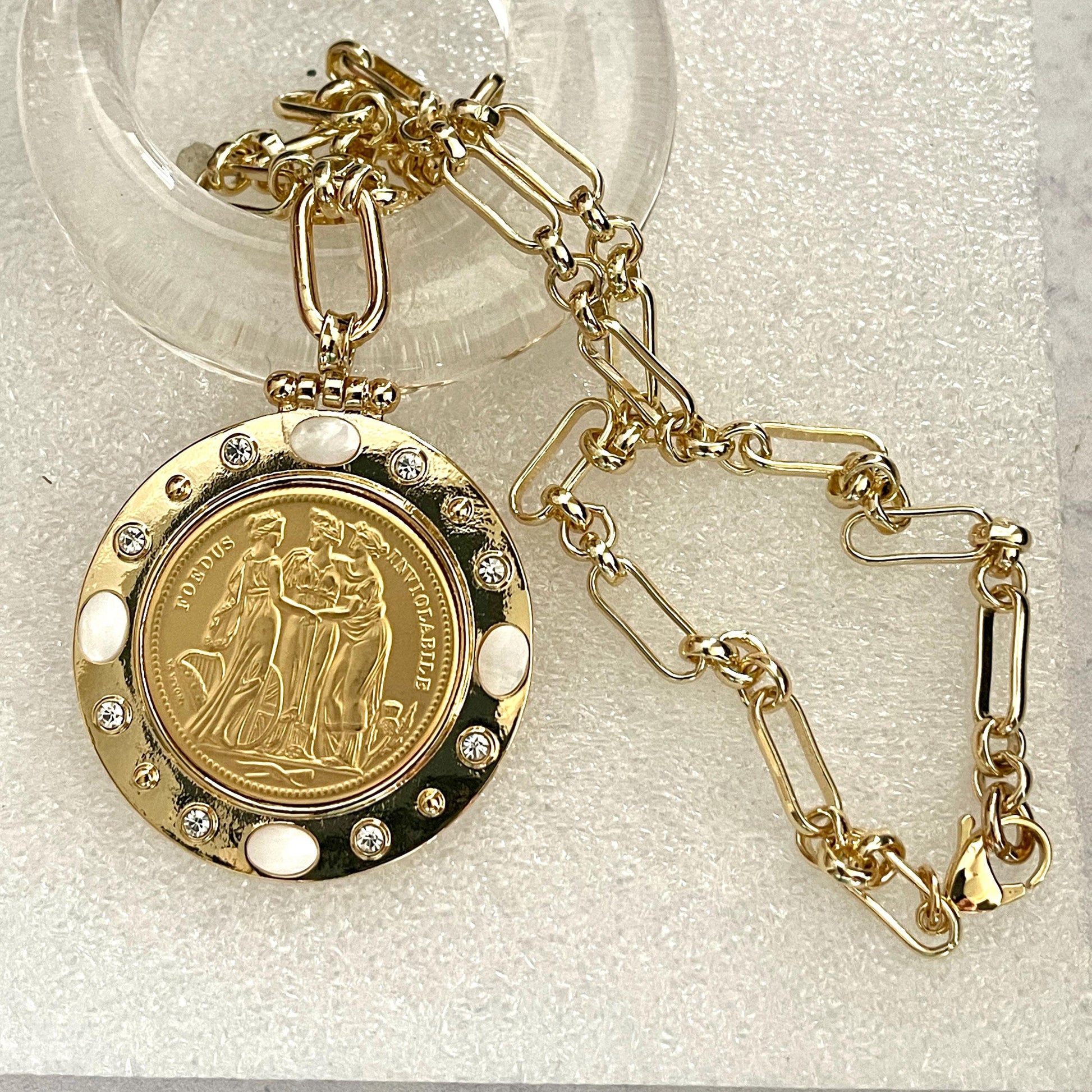 Gold Coin Necklace-Gold Multi-Link Chain-Three Graces Gold Coin Pendant- CZ And Mother Of Pearl Coin Bezel-Greek Mythology Coin