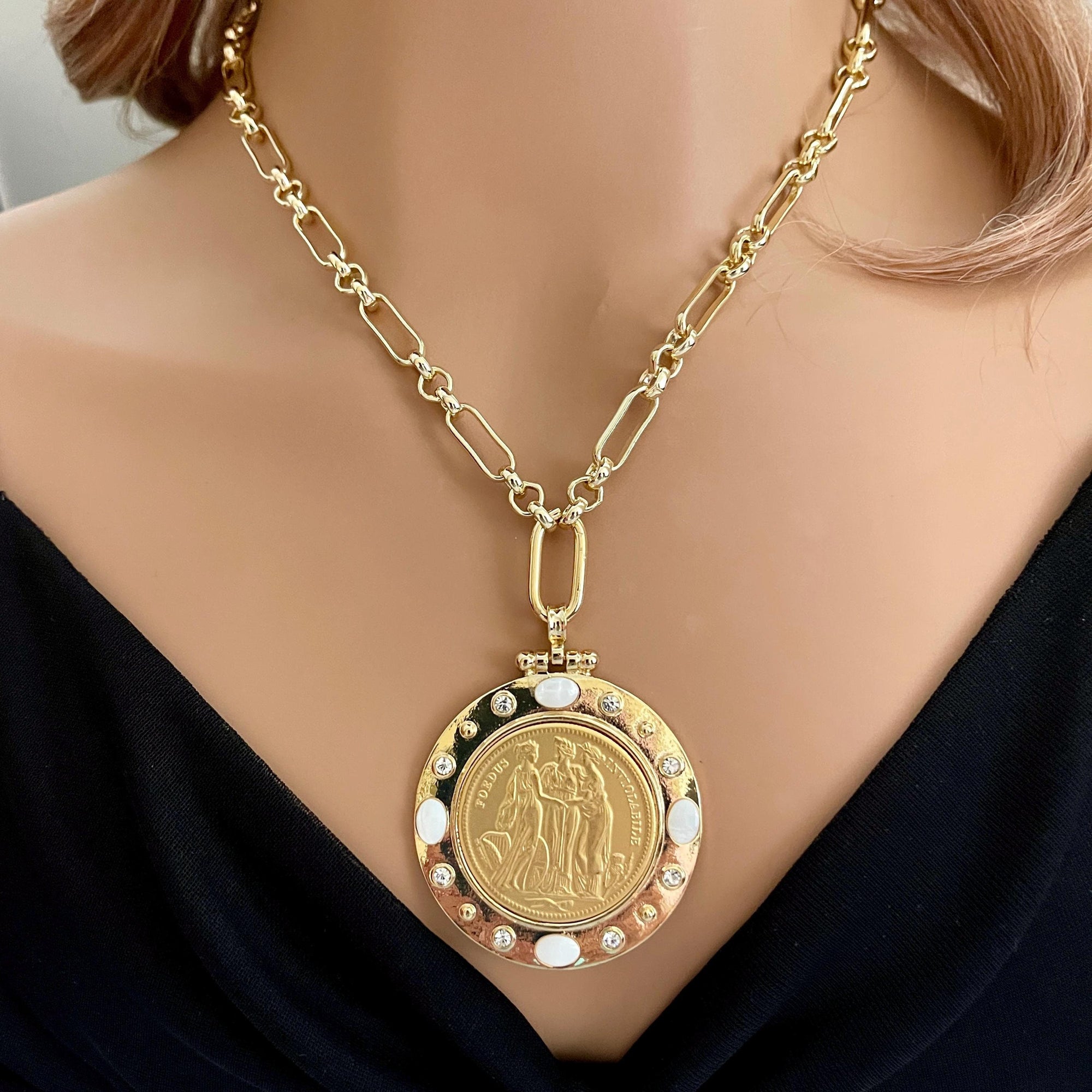 Gold Coin Necklace-Gold Multi-Link Chain-Three Graces Gold Coin Pendant- CZ And Mother Of Pearl Coin Bezel-Greek Mythology Coin