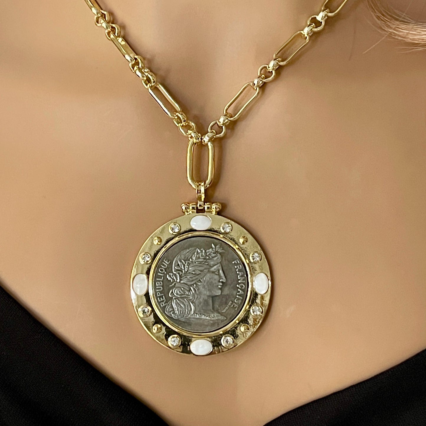 Silver Coin Pendant, Reproduction Coin-Republique Francaise Coin Pendant, Gold Bezel- CZ And Mother of Pearl Bezel Accents-Head of Marianne