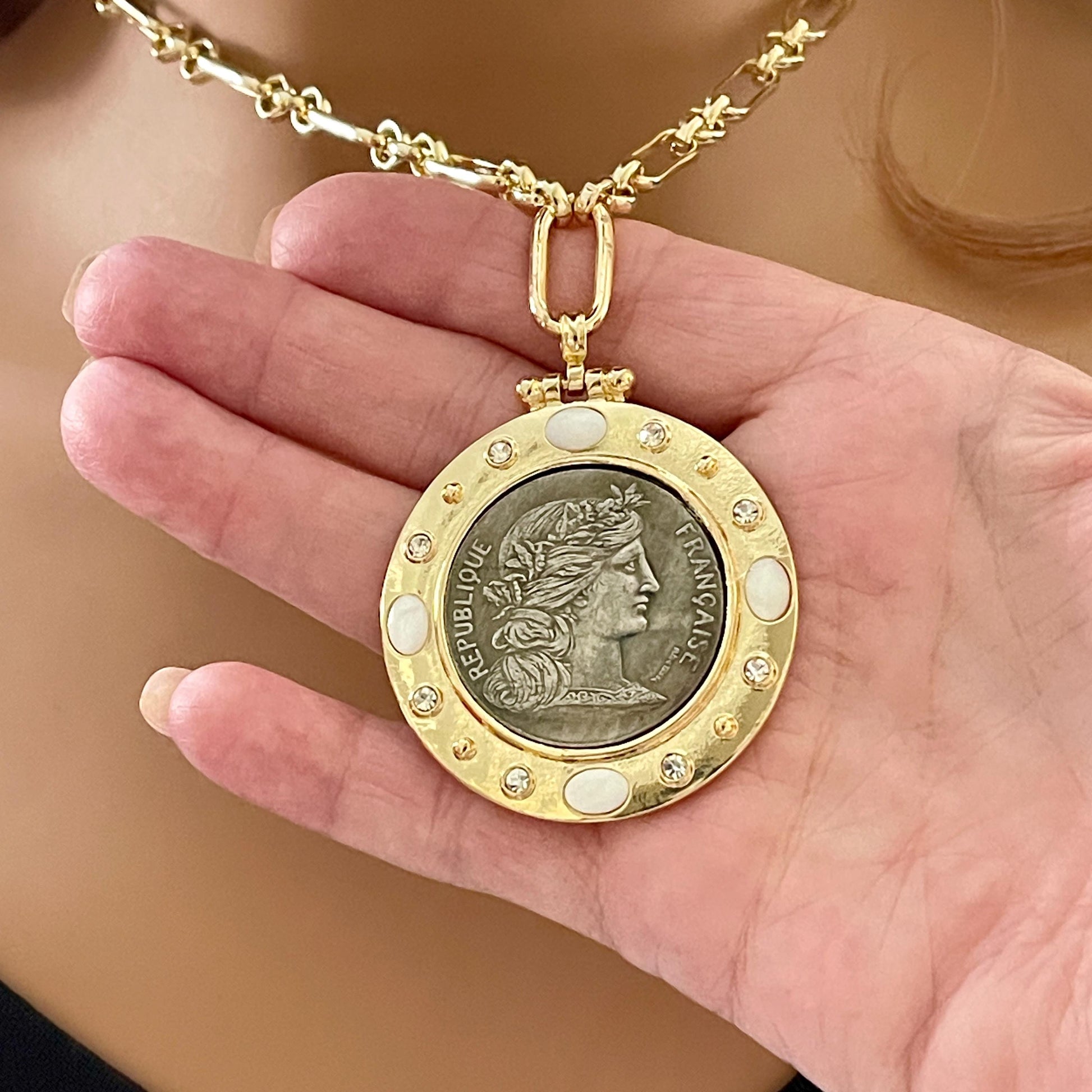 Silver Coin Pendant, Reproduction Coin-Republique Francaise Coin Pendant, Gold Bezel- CZ And Mother of Pearl Bezel Accents-Head of Marianne