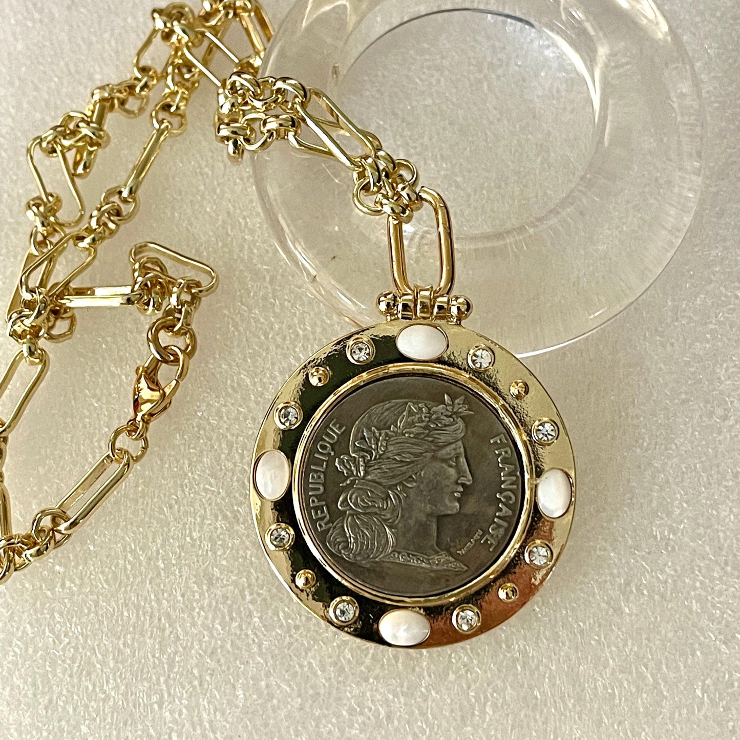 Silver Coin Pendant, Reproduction Coin-Republique Francaise Coin Pendant, Gold Bezel- CZ And Mother of Pearl Bezel Accents-Head of Marianne