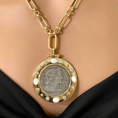 Silver Coin Pendant, Reproduction Coin-Republique Francaise Coin Pendant, Gold Bezel- CZ And Mother of Pearl Bezel Accents-Head of Marianne