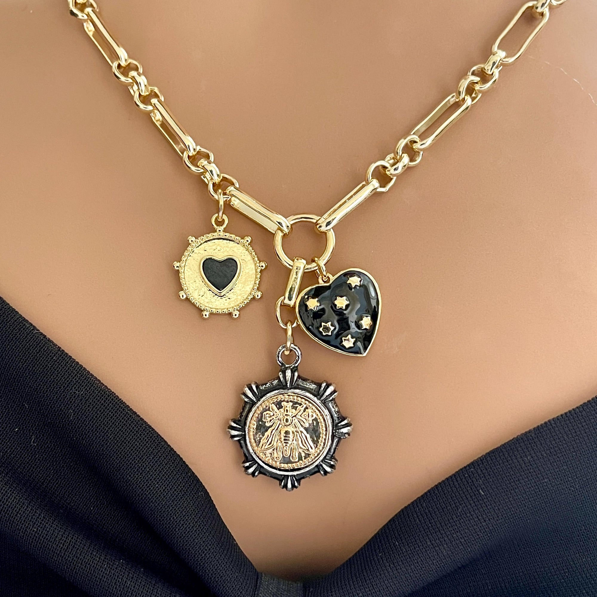 Gold Multi Charm Necklace-Specialty Chain-Black Enamel Heart Charm- Gold Spiked Charm-Frech Bee Coin Pendant-Layering Necklace-Gift For Her