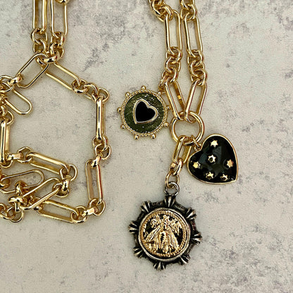 Gold Multi Charm Necklace-Specialty Chain-Black Enamel Heart Charm- Gold Spiked Charm-Frech Bee Coin Pendant-Layering Necklace-Gift For Her