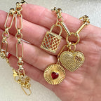 Gold Charm Necklace: CZ Heart, Sundial & Lock Pendants