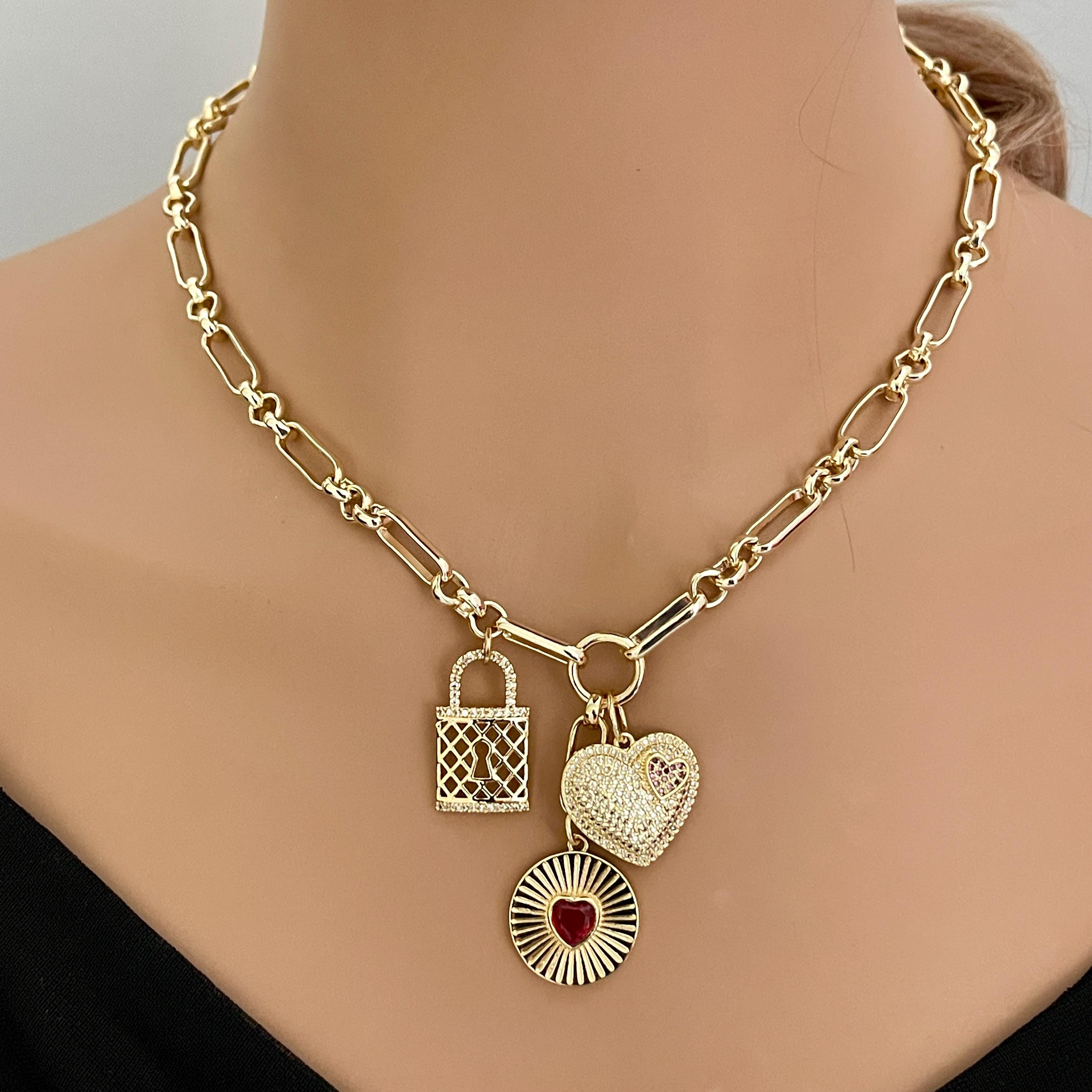 Gold Charm Necklace: CZ Heart, Sundial & Lock Pendants